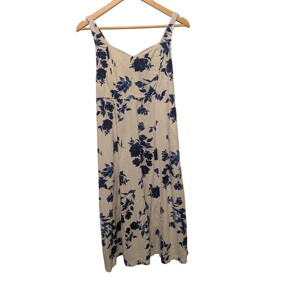 Old‎ Navy Fit & Flare Linen-Blend Midi Dress White Blue Floral Print Cottagecore - Picture 2 of 6